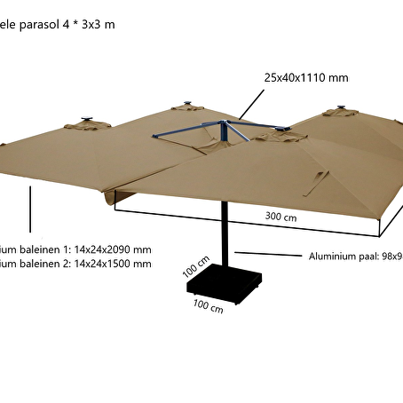 Paralux vierdubbele parasol zwart 300x300cm x4