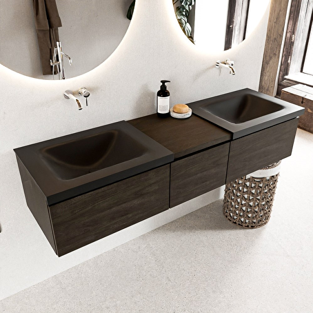MONDIAZ BUKLA 160cm badmeubel met module 40 kleur Dark Brown met 3 lades. Wastafel CLOUD dubbel 0 kraangaten kleur Urban.