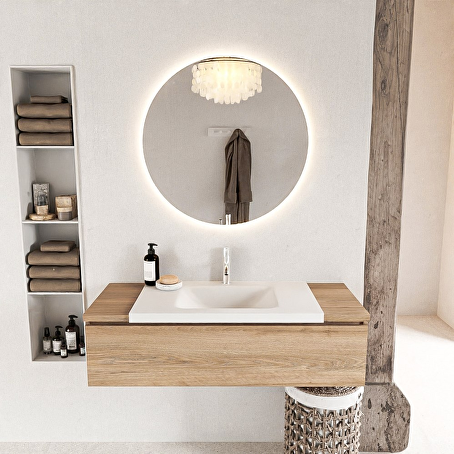 MONDIAZ BUKLA 120cm badmeubel onderkast kleur Washed Oak met 1 lade. Wastafel CLOUD midden 1 kraangat kleur Talc.