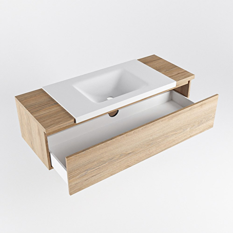 MONDIAZ BUKLA 120cm badmeubel onderkast kleur Washed Oak met 1 lade. Wastafel CLOUD midden 1 kraangat kleur Talc.