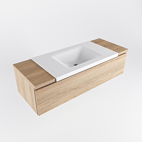 MONDIAZ BUKLA 120cm badmeubel onderkast kleur Washed Oak met 1 lade. Wastafel CLOUD midden 1 kraangat kleur Talc.
