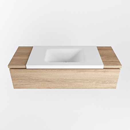 MONDIAZ BUKLA 120cm badmeubel onderkast kleur Washed Oak met 1 lade. Wastafel CLOUD midden 1 kraangat kleur Talc.