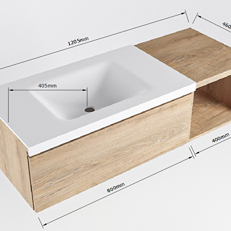 MONDIAZ BUKLA 120cm badmeubel met open module 40 kleur Washed Oak met 1 lade. Wastafel CLOUD links 0 kraangaten kleur Urban.