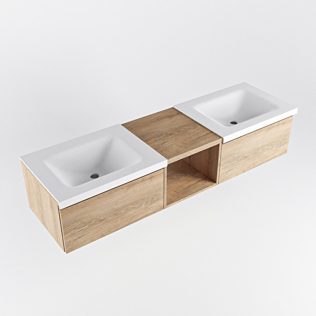 MONDIAZ BUKLA 160cm badmeubel met open module 40 kleur Washed Oak met 2 lades. Wastafel CLOUD dubbel 2 kraangaten kleur Talc.