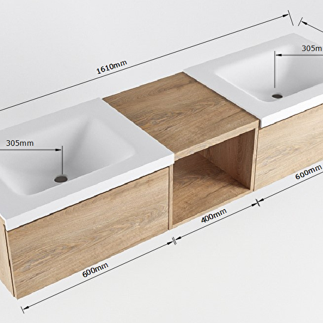 MONDIAZ BUKLA 160cm badmeubel met open module 40 kleur Washed Oak met 2 lades. Wastafel CLOUD dubbel 2 kraangaten kleur Talc.