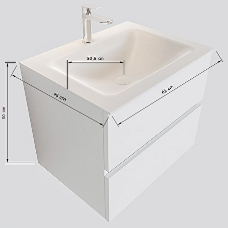 MONDIAZ VICA 60cm badmeubel talc 2 lades wastafel CLOUD midden met 1 kraangat