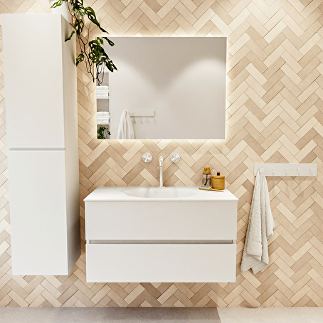 MONDIAZ VICA 90cm badmeubel onderkast Talc 2 lades. Wastafel MOON midden 1 kraangat, kleur Talc.