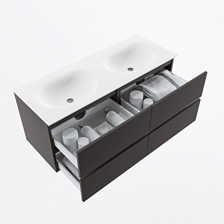 MONDIAZ VICA 120cm badmeubel onderkast Dark Grey 4 lades. Wastafel MOON dubbel 2 kraangaten, kleur Talc.
