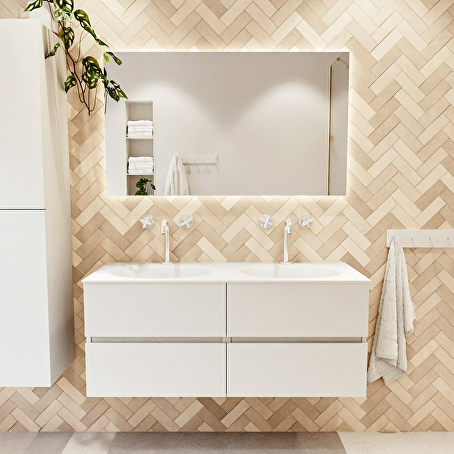 MONDIAZ VICA 120cm badmeubel onderkast Talc 4 lades. Wastafel MOON dubbel 2 kraangaten, kleur Talc.