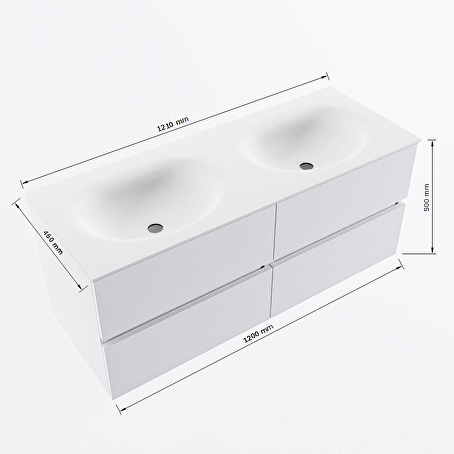 MONDIAZ VICA 120cm badmeubel onderkast Talc 4 lades. Wastafel MOON dubbel 2 kraangaten, kleur Talc.