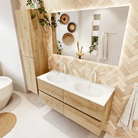 MONDIAZ VICA 120cm badmeubel onderkast Washed Oak 4 lades. Wastafel MOON dubbel 2 kraangaten, kleur Talc.