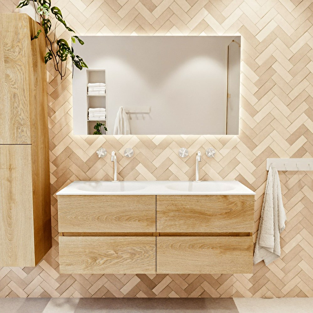 MONDIAZ VICA 120cm badmeubel onderkast Washed Oak 4 lades. Wastafel MOON dubbel 2 kraangaten, kleur Talc.