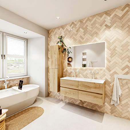 MONDIAZ VICA 120cm badmeubel onderkast Washed Oak 4 lades. Wastafel MOON dubbel 2 kraangaten, kleur Talc.