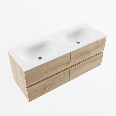 MONDIAZ VICA 120cm badmeubel onderkast Washed Oak 4 lades. Wastafel MOON dubbel 2 kraangaten, kleur Talc.