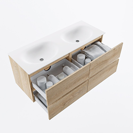 MONDIAZ VICA 120cm badmeubel onderkast Washed Oak 4 lades. Wastafel MOON dubbel 2 kraangaten, kleur Talc.
