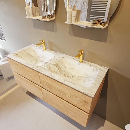 MONDIAZ VICA-DLUX 120cm badmeubel onderkast Washed Oak 4 lades. Inbouw wastafel CLOUD dubbel 2 kraangaten, kleur Glace.