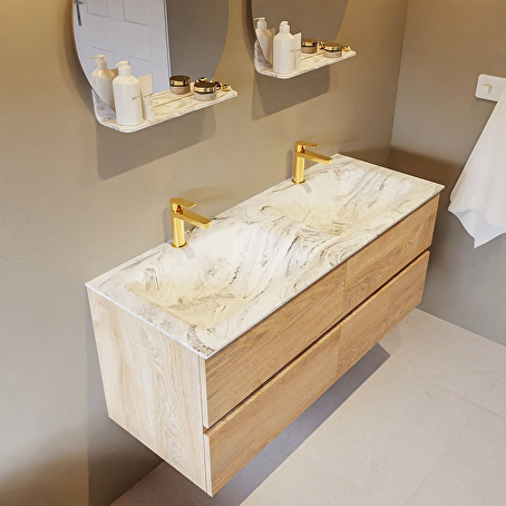 MONDIAZ VICA-DLUX 120cm badmeubel onderkast Washed Oak 4 lades. Inbouw wastafel CLOUD dubbel 2 kraangaten, kleur Glace.