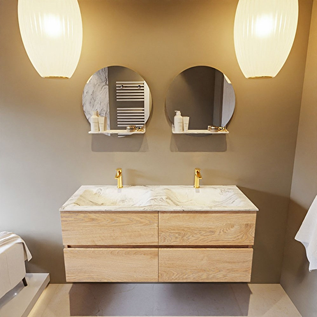 MONDIAZ VICA-DLUX 120cm badmeubel onderkast Washed Oak 4 lades. Inbouw wastafel CLOUD dubbel 2 kraangaten, kleur Glace.