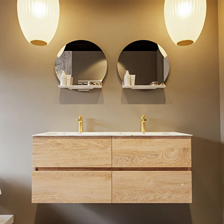 MONDIAZ VICA-DLUX 120cm badmeubel onderkast Washed Oak 4 lades. Inbouw wastafel CLOUD dubbel 2 kraangaten, kleur Glace.