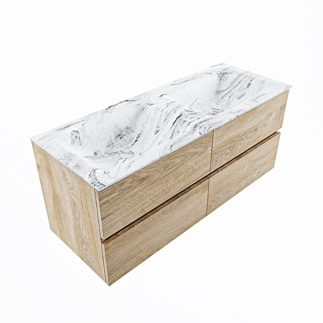 MONDIAZ VICA-DLUX 120cm badmeubel onderkast Washed Oak 4 lades. Inbouw wastafel CLOUD dubbel 2 kraangaten, kleur Glace.