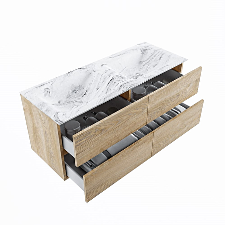 MONDIAZ VICA-DLUX 120cm badmeubel onderkast Washed Oak 4 lades. Inbouw wastafel CLOUD dubbel 2 kraangaten, kleur Glace.
