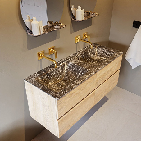 MONDIAZ VICA-DLUX 120cm badmeubel onderkast Washed Oak 4 lades. Inbouw wastafel CLOUD dubbel zonder kraangat, kleur Lava.