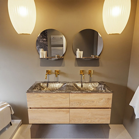 MONDIAZ VICA-DLUX 120cm badmeubel onderkast Washed Oak 4 lades. Inbouw wastafel CLOUD dubbel zonder kraangat, kleur Lava.