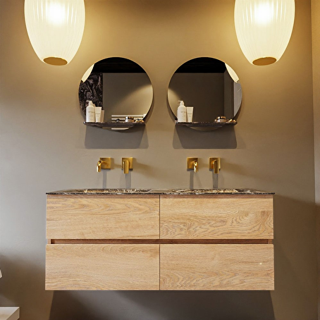 MONDIAZ VICA-DLUX 120cm badmeubel onderkast Washed Oak 4 lades. Inbouw wastafel CLOUD dubbel zonder kraangat, kleur Lava.