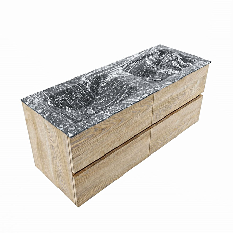 MONDIAZ VICA-DLUX 120cm badmeubel onderkast Washed Oak 4 lades. Inbouw wastafel CLOUD dubbel zonder kraangat, kleur Lava.