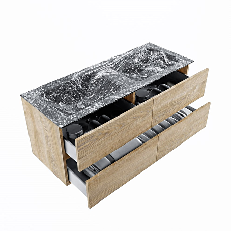 MONDIAZ VICA-DLUX 120cm badmeubel onderkast Washed Oak 4 lades. Inbouw wastafel CLOUD dubbel zonder kraangat, kleur Lava.