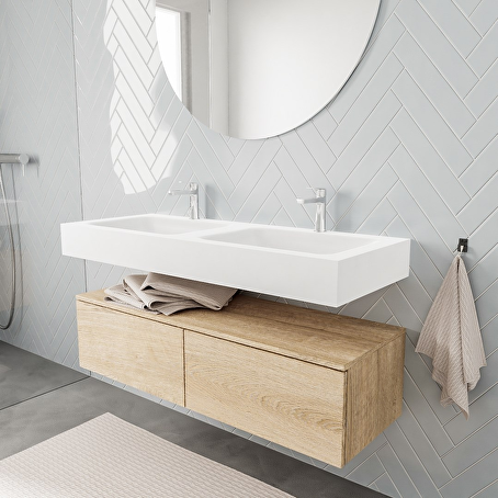 MONDIAZ ALAN badmeubel 120 washed oak 2 lades vrijhangend wastafel dubbel 2 kraangaten wit