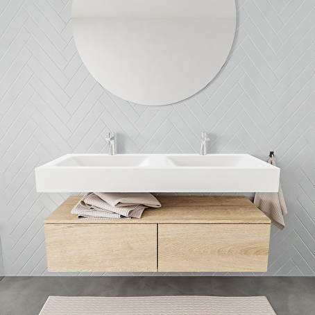 MONDIAZ ALAN badmeubel 120 washed oak 2 lades vrijhangend wastafel dubbel 2 kraangaten wit