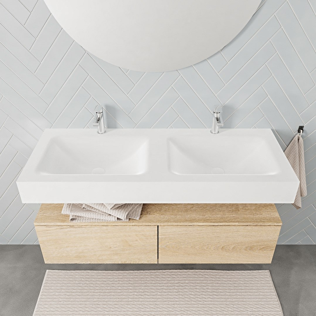 MONDIAZ ALAN badmeubel 120 washed oak 2 lades vrijhangend wastafel dubbel 2 kraangaten wit