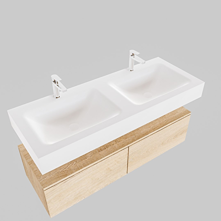 MONDIAZ ALAN badmeubel 120 washed oak 2 lades vrijhangend wastafel dubbel 2 kraangaten wit