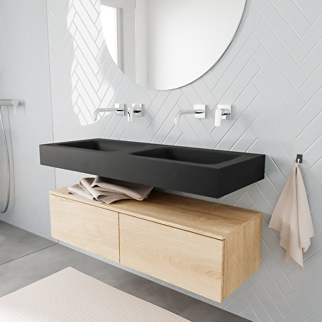 MONDIAZ ALAN badmeubel 120 washed oak 2 lades vrijhangend wastafel dubbel zonder kraangat zwart