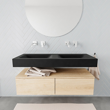 MONDIAZ ALAN badmeubel 120 washed oak 2 lades vrijhangend wastafel dubbel zonder kraangat zwart
