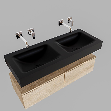 MONDIAZ ALAN badmeubel 120 washed oak 2 lades vrijhangend wastafel dubbel zonder kraangat zwart