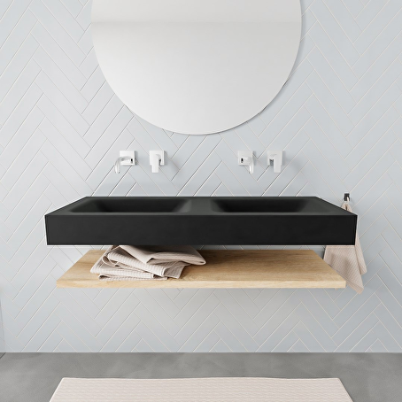 MONDIAZ ALAN badmeubel 120 planchet washed oak vrijhangend wastafel dubbel zonder kraangat zwart