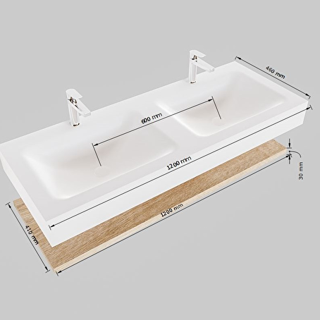 MONDIAZ ALAN badmeubel 120 planchet washed oak vrijhangend wastafel dubbel zonder kraangat zwart