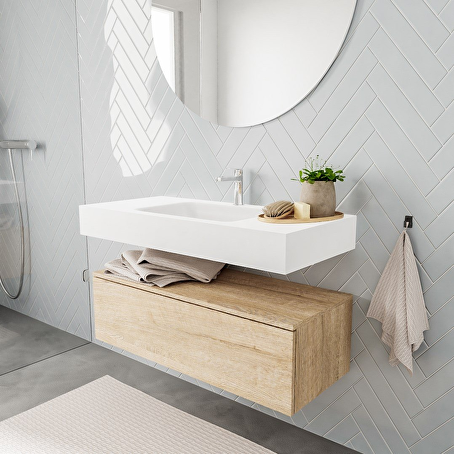 MONDIAZ ALAN badmeubel 100 washed oak 1 lade vrijhangend wastafel midden 1 kraangat wit