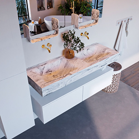 MONDIAZ ALAN-DLUX 130cm badmeubel onderkast Talc 2 lades. Vrijhangende wastafel CLOUD dubbel zonder kraangat, kleur Glace.