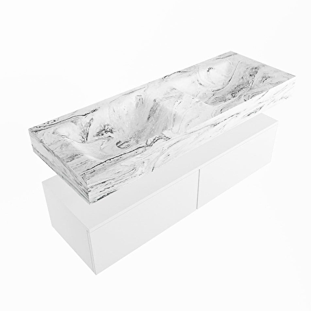 MONDIAZ ALAN-DLUX 130cm badmeubel onderkast Talc 2 lades. Vrijhangende wastafel CLOUD dubbel zonder kraangat, kleur Glace.