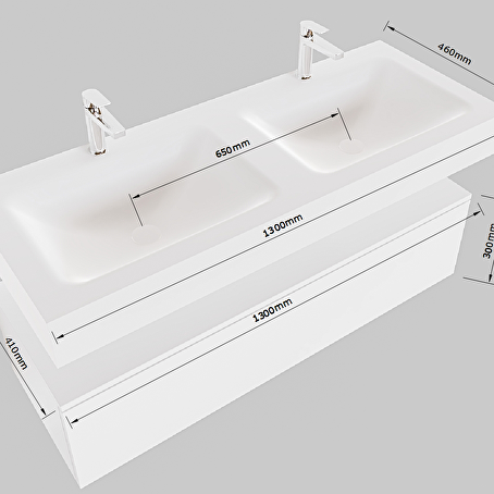 MONDIAZ ALAN-DLUX 130cm badmeubel onderkast Talc 2 lades. Vrijhangende wastafel CLOUD dubbel zonder kraangat, kleur Glace.
