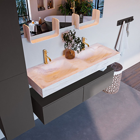 MONDIAZ ALAN-DLUX 130cm badmeubel onderkast Dark grey 2 lades. Vrijhangende wastafel CLOUD dubbel 2 kraangaten, kleur Ostra.