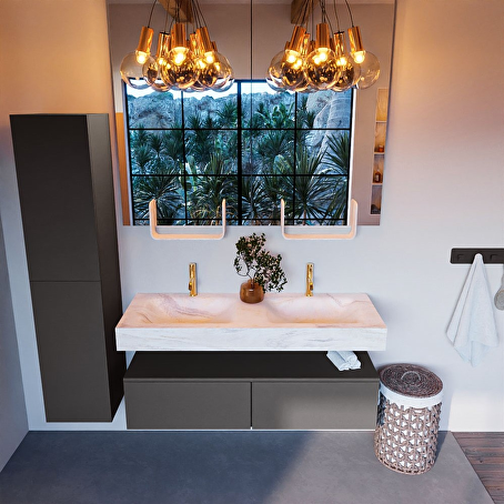 MONDIAZ ALAN-DLUX 130cm badmeubel onderkast Dark grey 2 lades. Vrijhangende wastafel CLOUD dubbel 2 kraangaten, kleur Ostra.