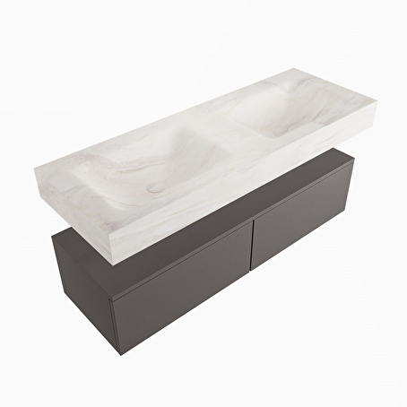 MONDIAZ ALAN-DLUX 130cm badmeubel onderkast Dark grey 2 lades. Vrijhangende wastafel CLOUD dubbel 2 kraangaten, kleur Ostra.