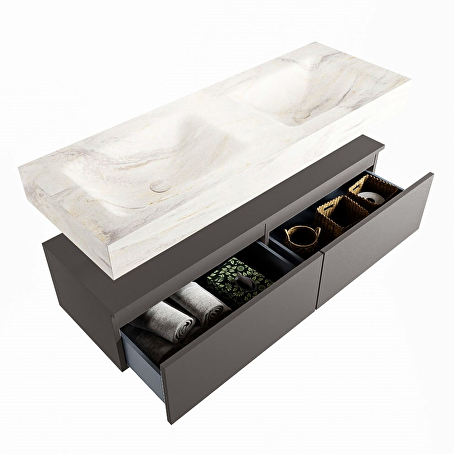 MONDIAZ ALAN-DLUX 130cm badmeubel onderkast Dark grey 2 lades. Vrijhangende wastafel CLOUD dubbel 2 kraangaten, kleur Ostra.