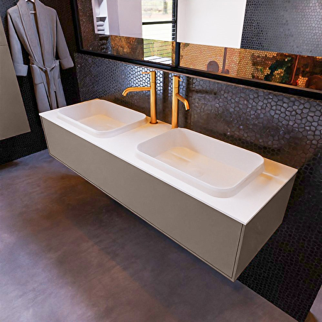 MONDIAZ ERIN 150cm badmeubel onderkast kleur Smoke met 1 lade. Wastafel RIDGE dubbel 2 kraangaten kleur Talc.