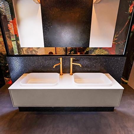 MONDIAZ ERIN 150cm badmeubel onderkast kleur Smoke met 1 lade. Wastafel RIDGE dubbel 2 kraangaten kleur Talc.