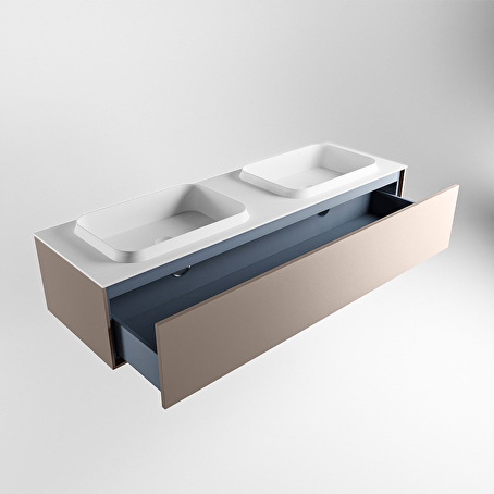 MONDIAZ ERIN 150cm badmeubel onderkast kleur Smoke met 1 lade. Wastafel RIDGE dubbel 2 kraangaten kleur Talc.